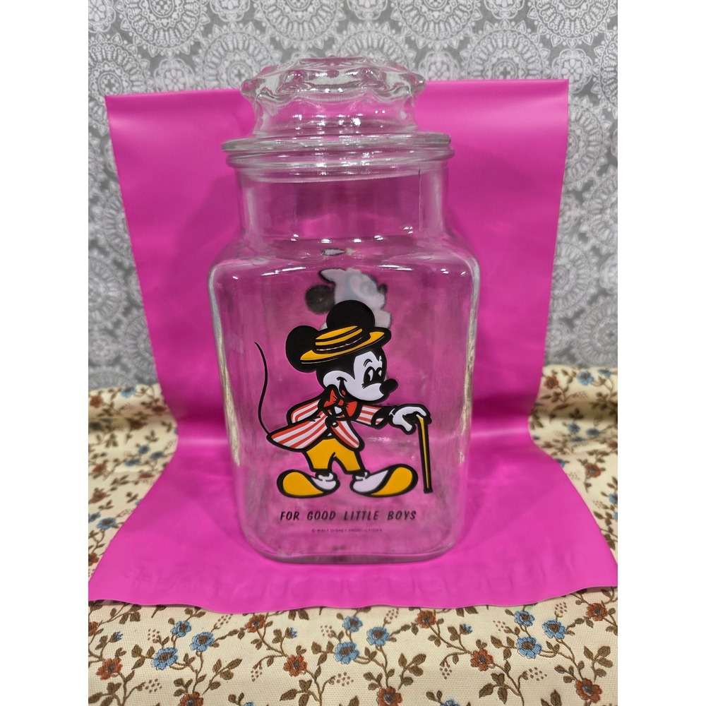 Vintage Disney Mickey & Minnie Mouse Glass Candy Jar "For Good Little" 9"
